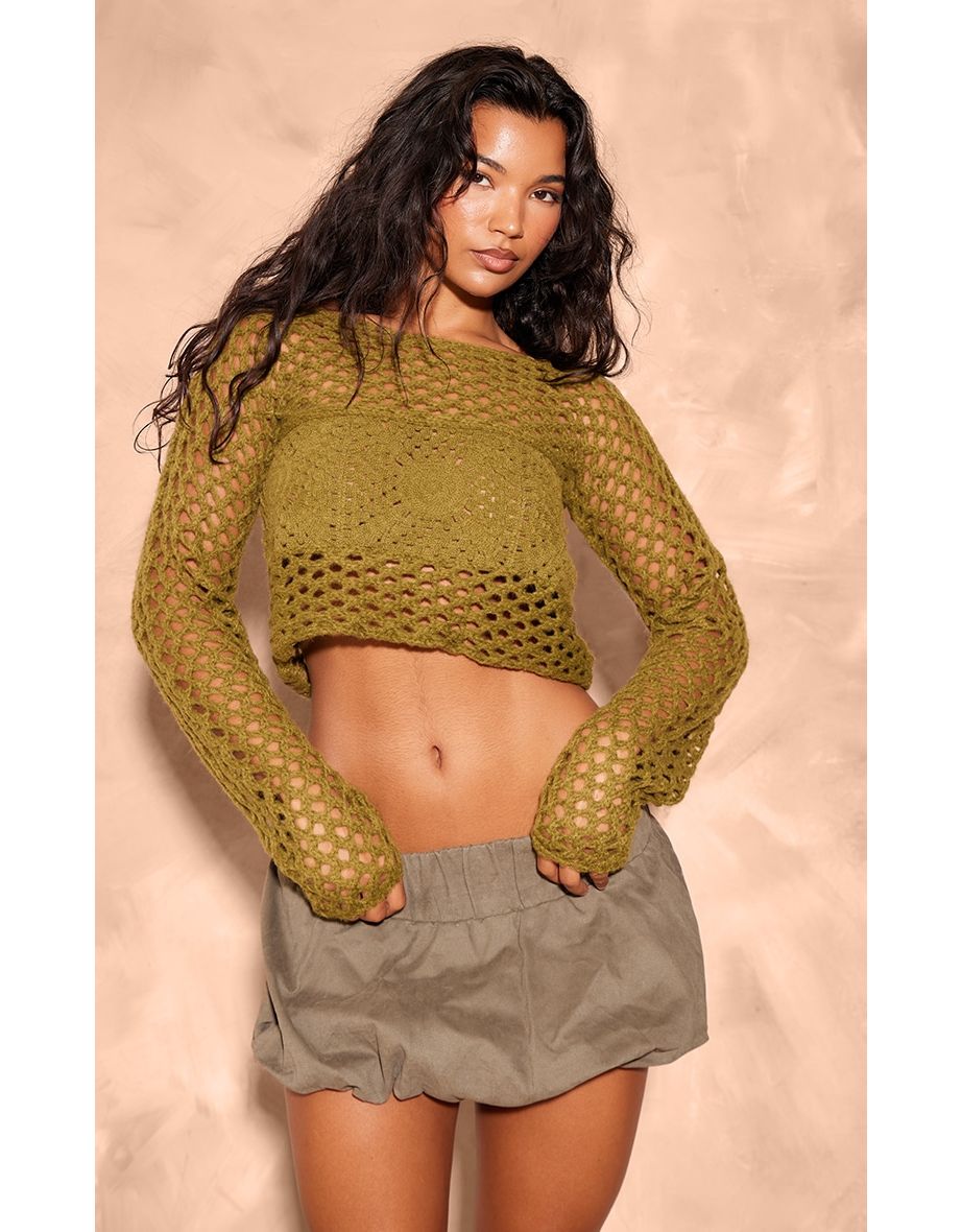 Khaki Flower Embossed Crochet Oversized Top