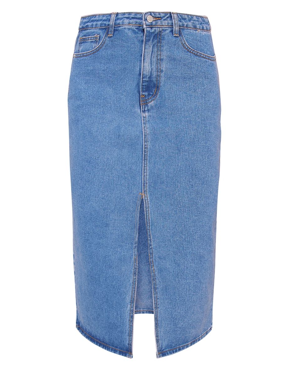 Mid Blue Wash Split Front Mid Rise Denim Midi Skirt - 4