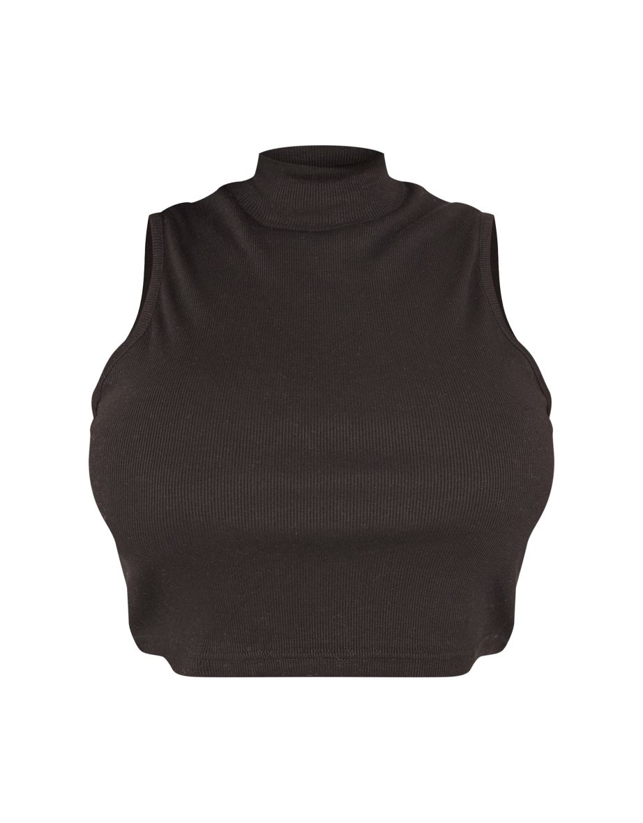 Plus Black Basic Rib High Neck Sleeveless Crop Top - 4