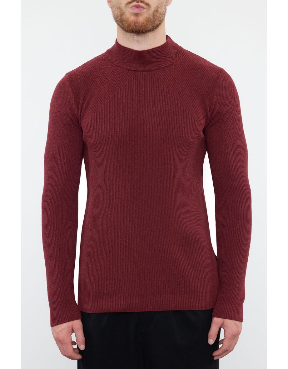 Claret Red Men Fitted Slim Fit Half Turtleneck Corduroy Knitwear Sweater - 4