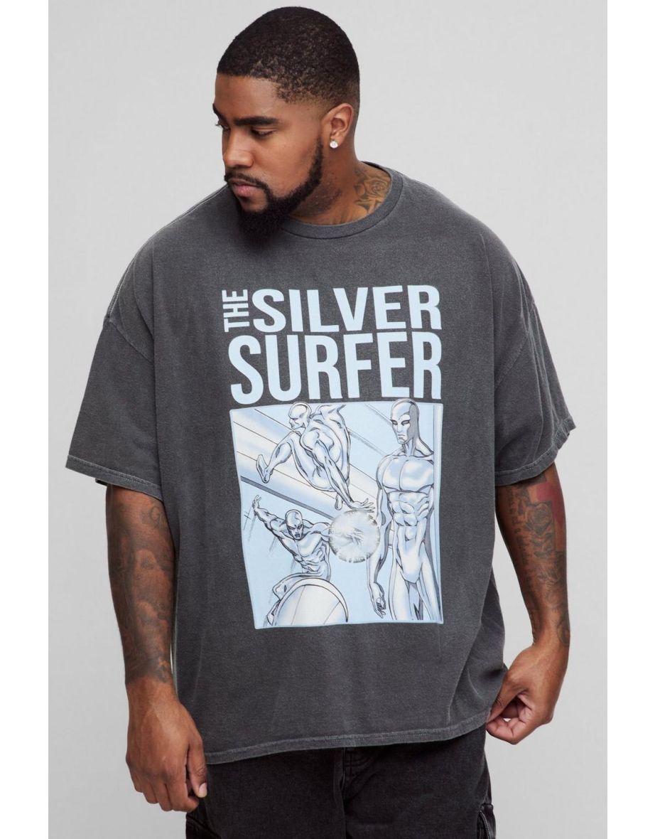 Plus Oversized Wash Silver Surfer Comic License Print T-Shirt - charcoal
