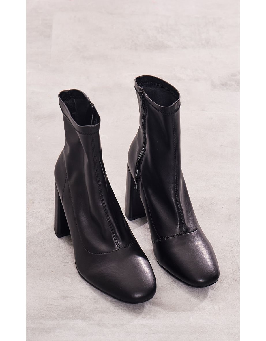 Black Pu Wide Fit Round Toe Heeled Ankle Sock Boots - 3