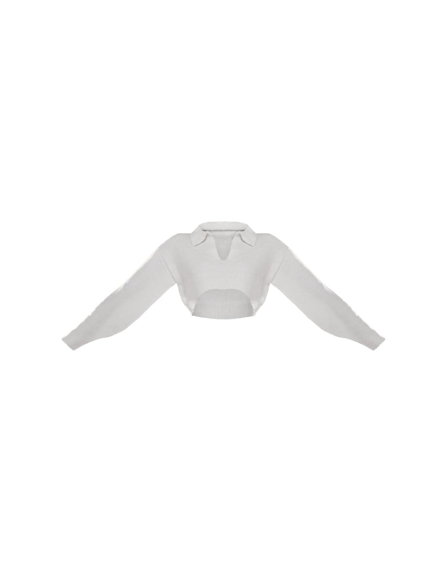 White Collared Crop Knit Jumper - 4