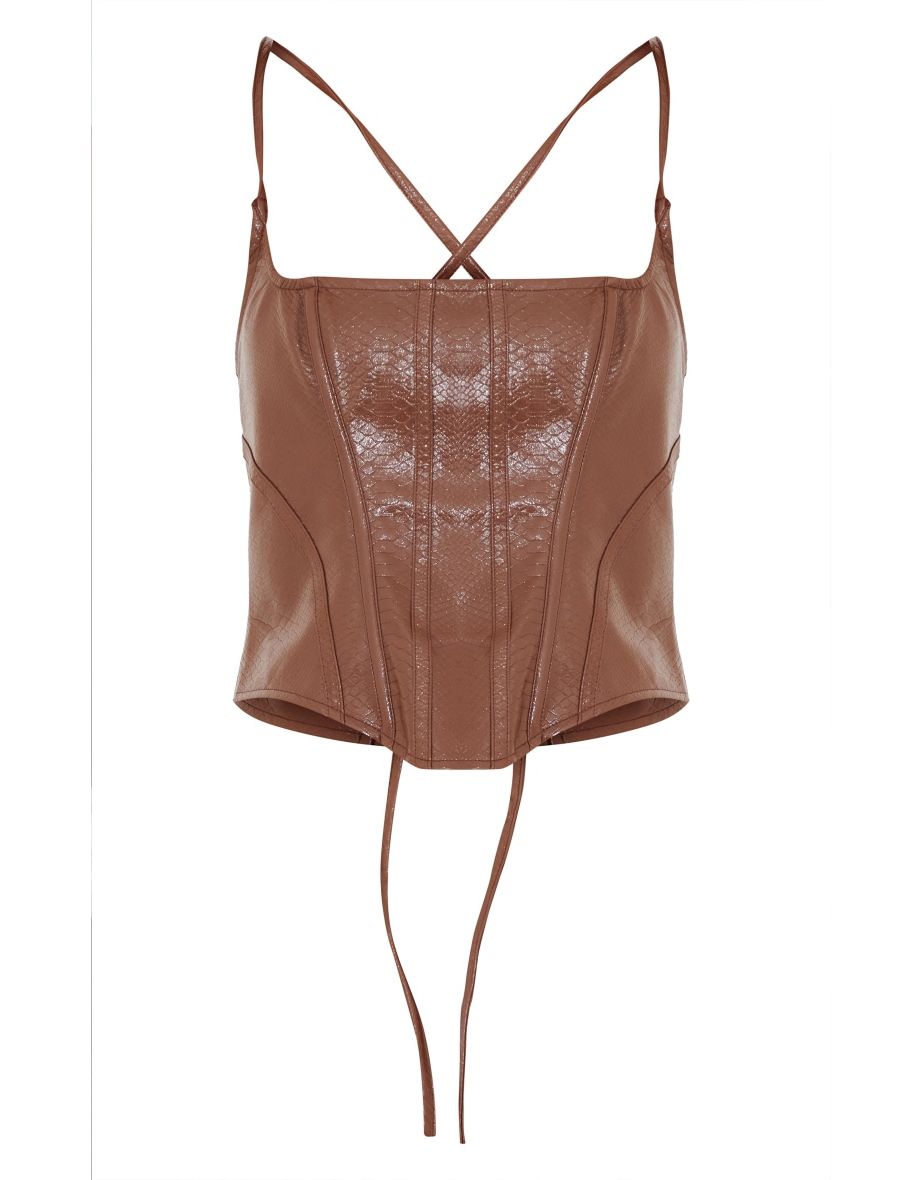 Plus Dark Brown Textured Pu Corset Top - 4