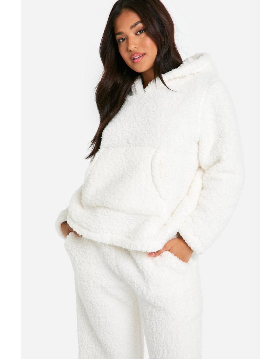 Petite Fluffy Fleece Hoody And Wide Leg Jogger Set - cream - 3