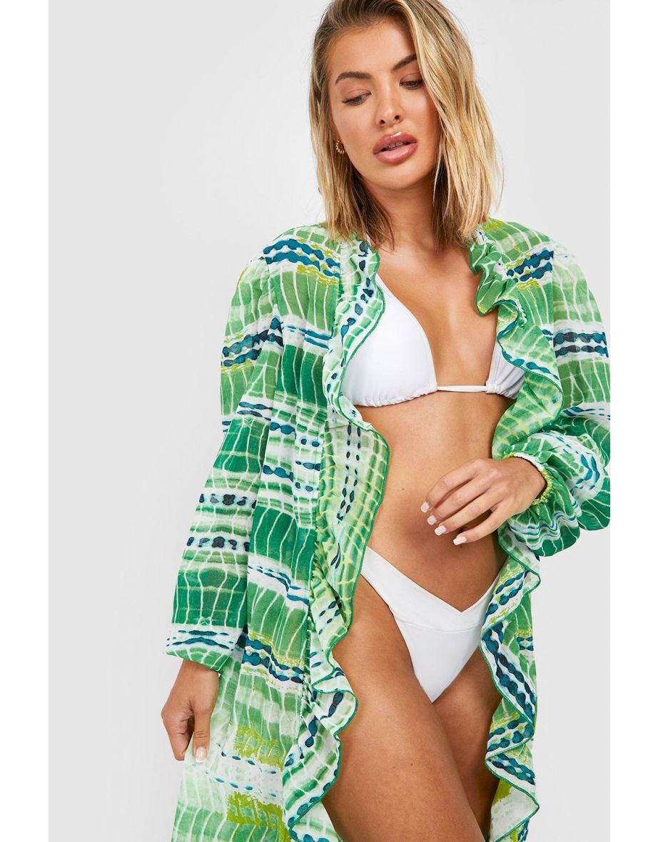 Tie Dye Maxi Ruffle Chiffon Beach Kimono - green - 3