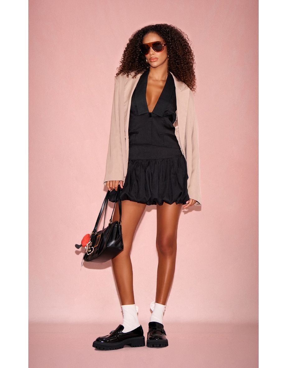 Black Puff Ball Mini Skirt