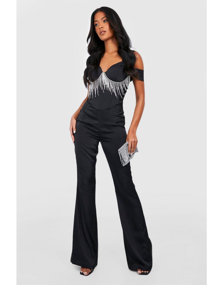 Tall Diamante Trim Satin Jumpsuit - black
