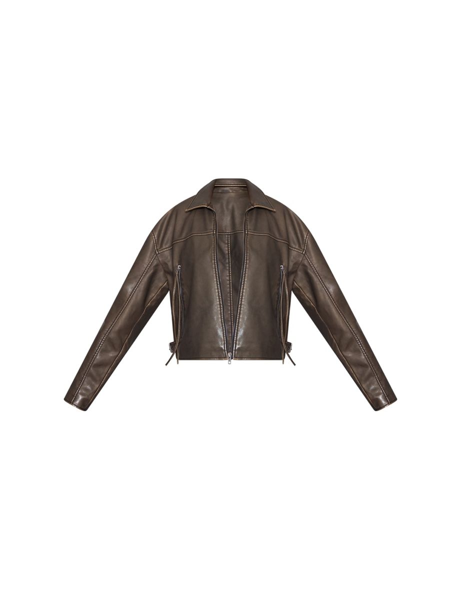 Brown Distressed Look Zip Boxy Trim Detail Biker Jacket - 4