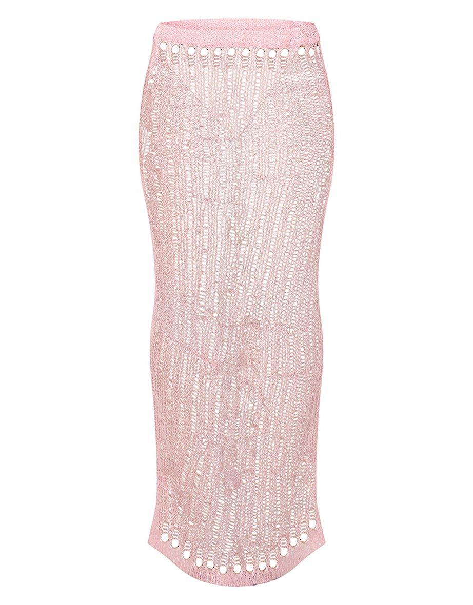 Pink Crochet Sequin Knit Low Rise Maxi Skirt - 4