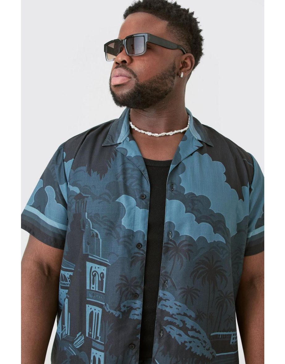 Plus Regular Landscape Grayscale Print Shirt & Swim Short Set - black - 2