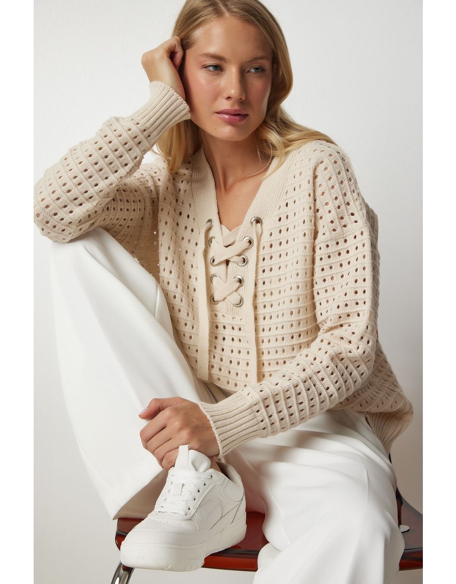 Women's Cream Collar Lace-Up, Openwork Knitwear Sweater