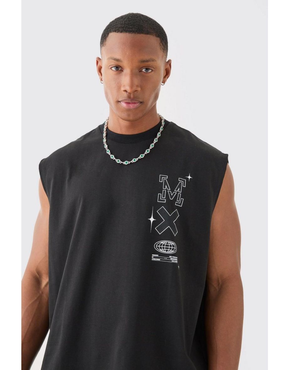 Oversized Man Space Printed Tank - black