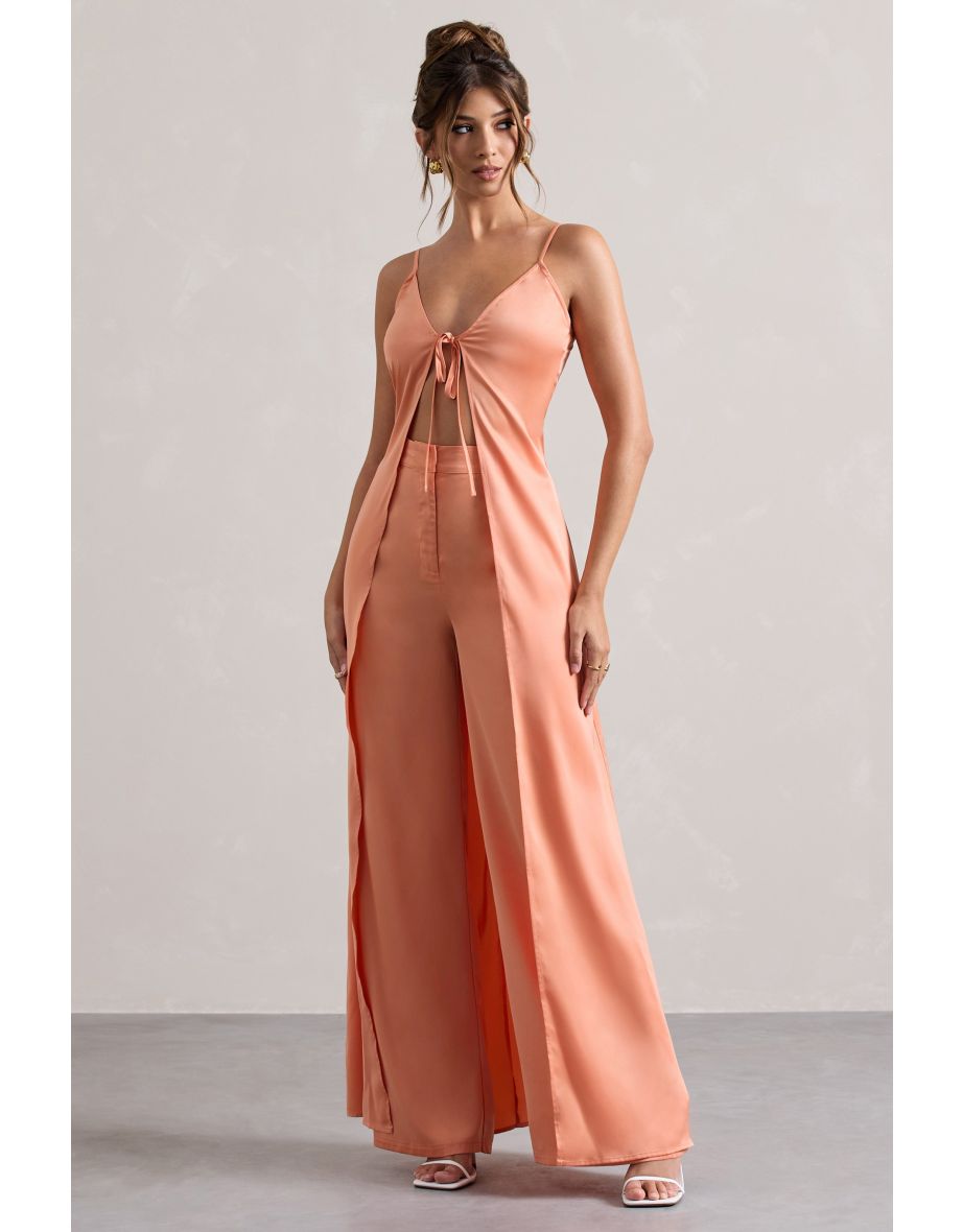 Calvi | Peach Satin Longline Cami Top With Split Front