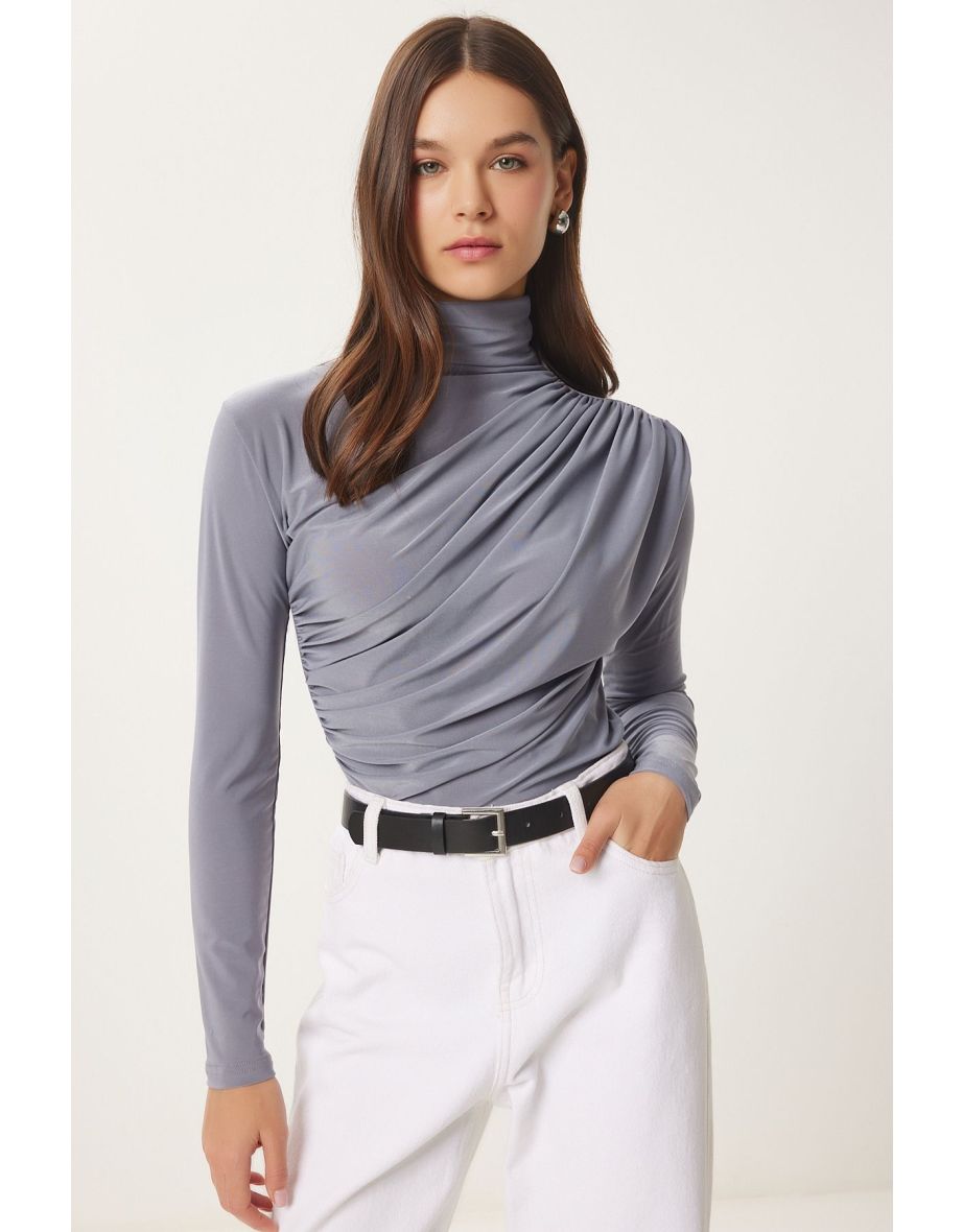 Women's Gray Drawstring Detail Stand Collar Sandy Top