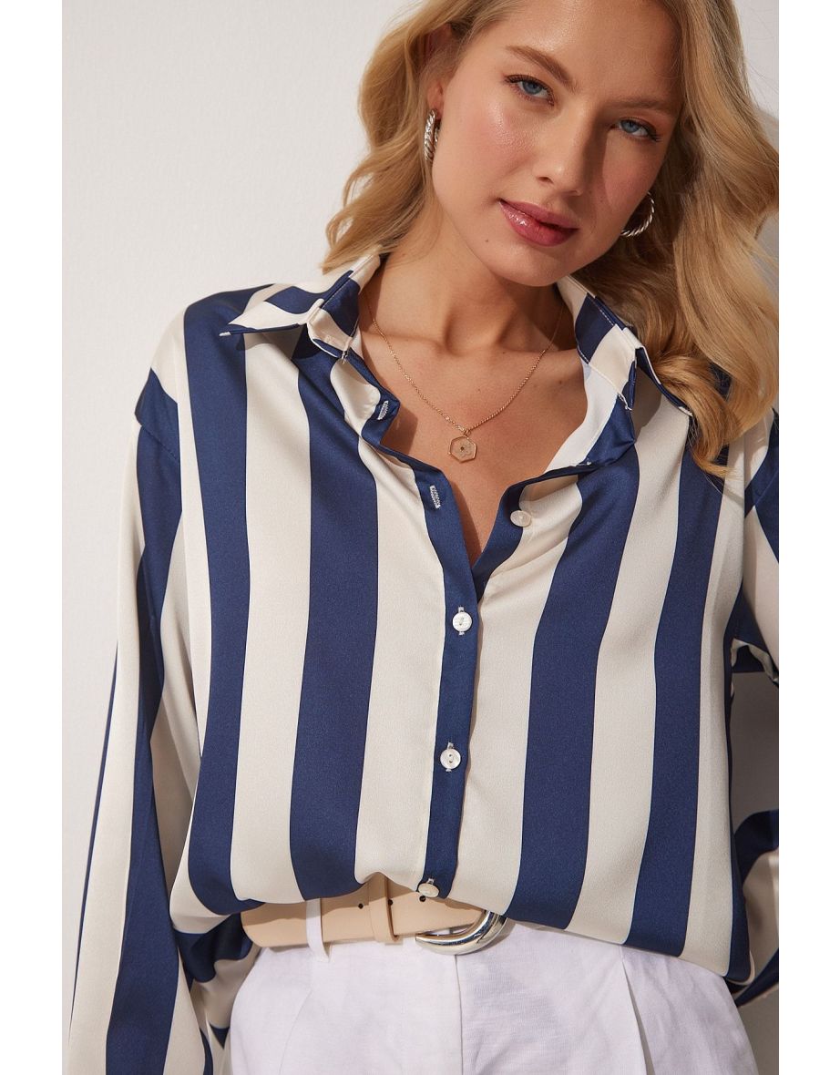 Women's Navy Blue Cream Striped Satin Shirt DD01206