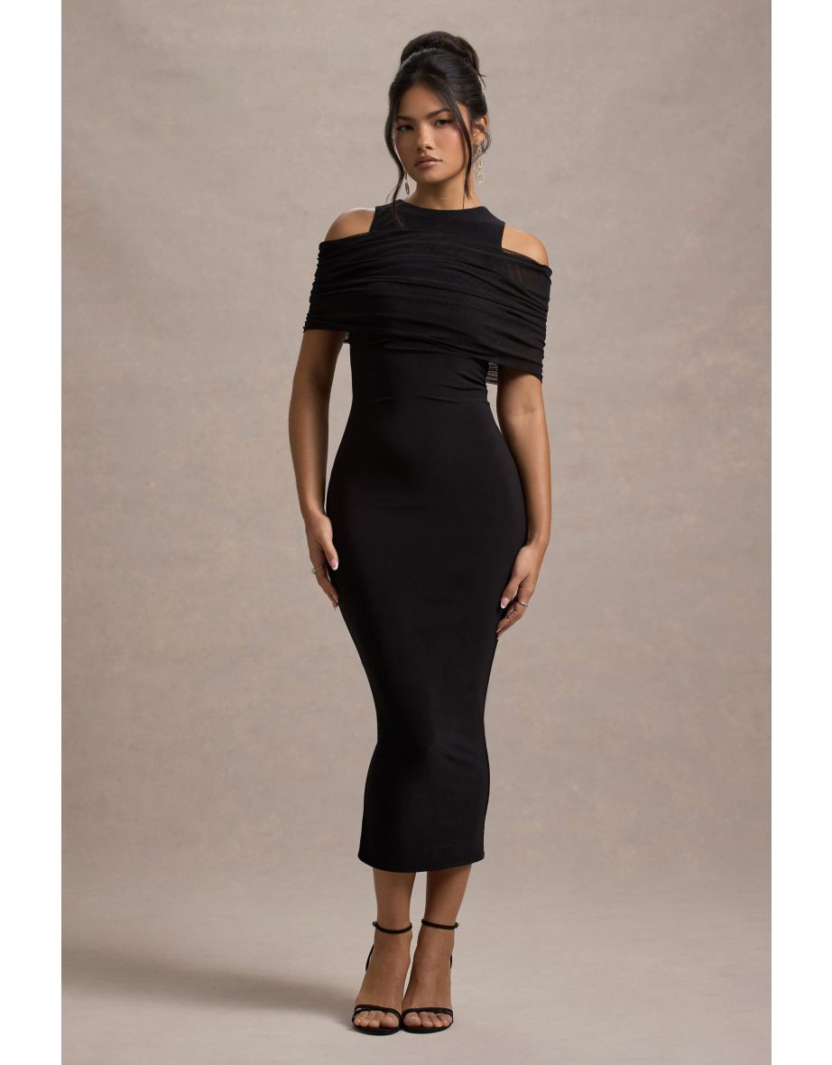 Lupine | Black Mesh Bardot Bodycon Midi Dress