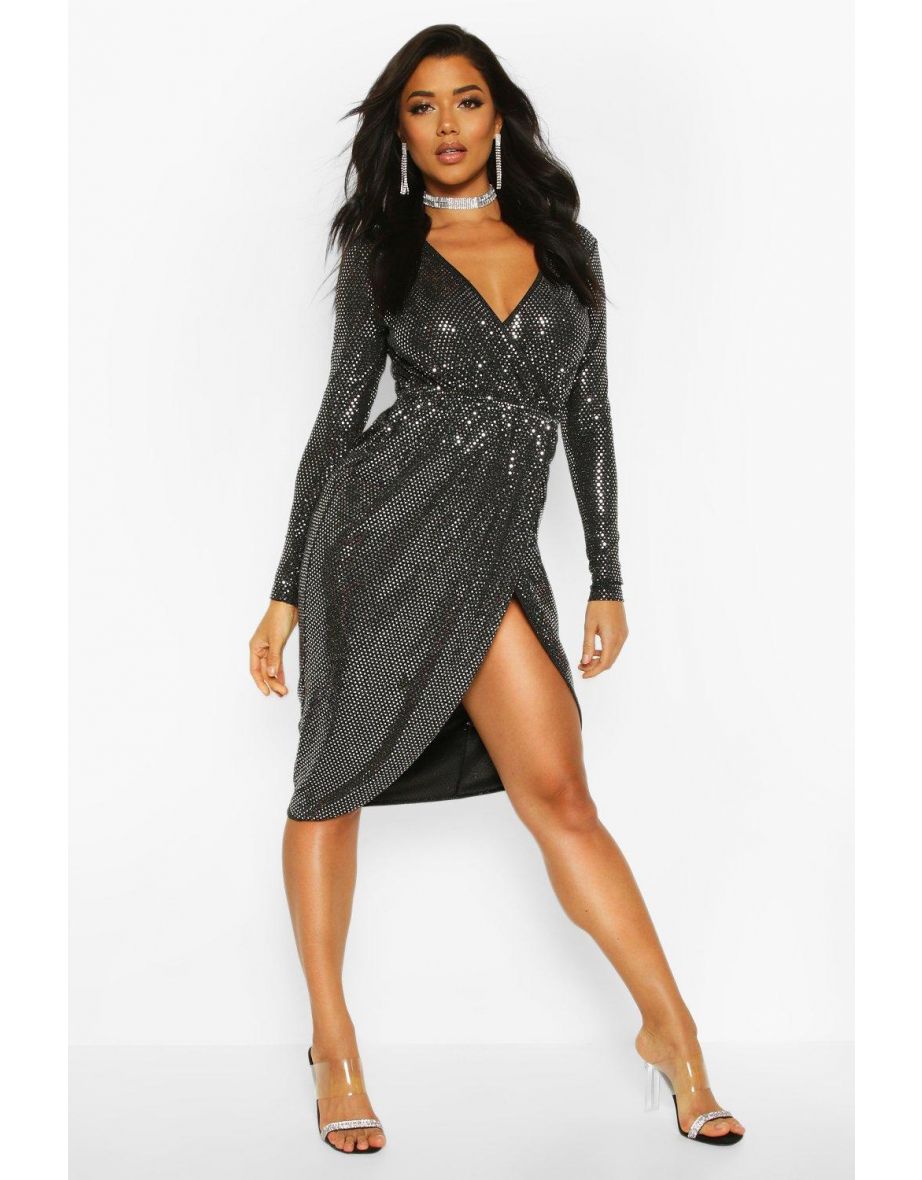 Sequin Wrap Plunge Midi Dress - silver