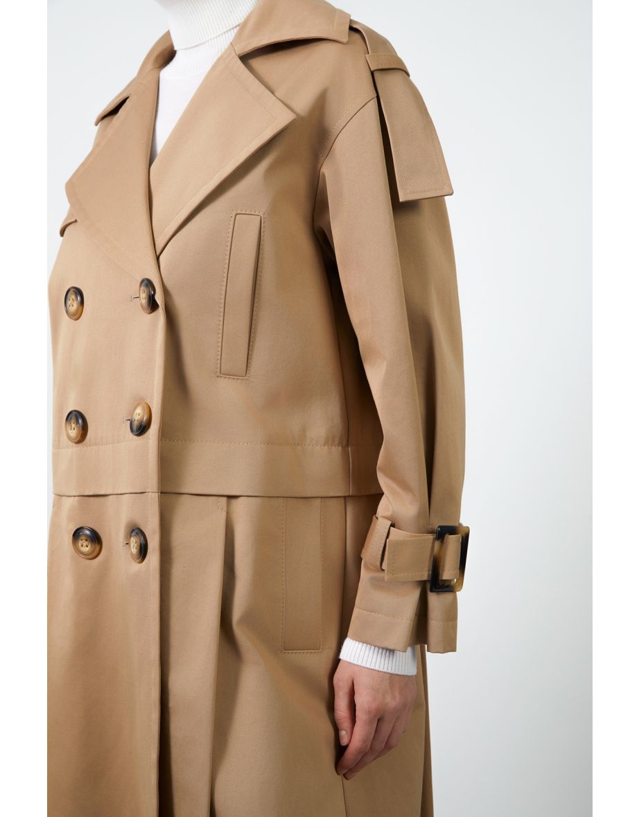 Detachable Belt Buckle on Shoulder Short Brown Trench Coat - 3