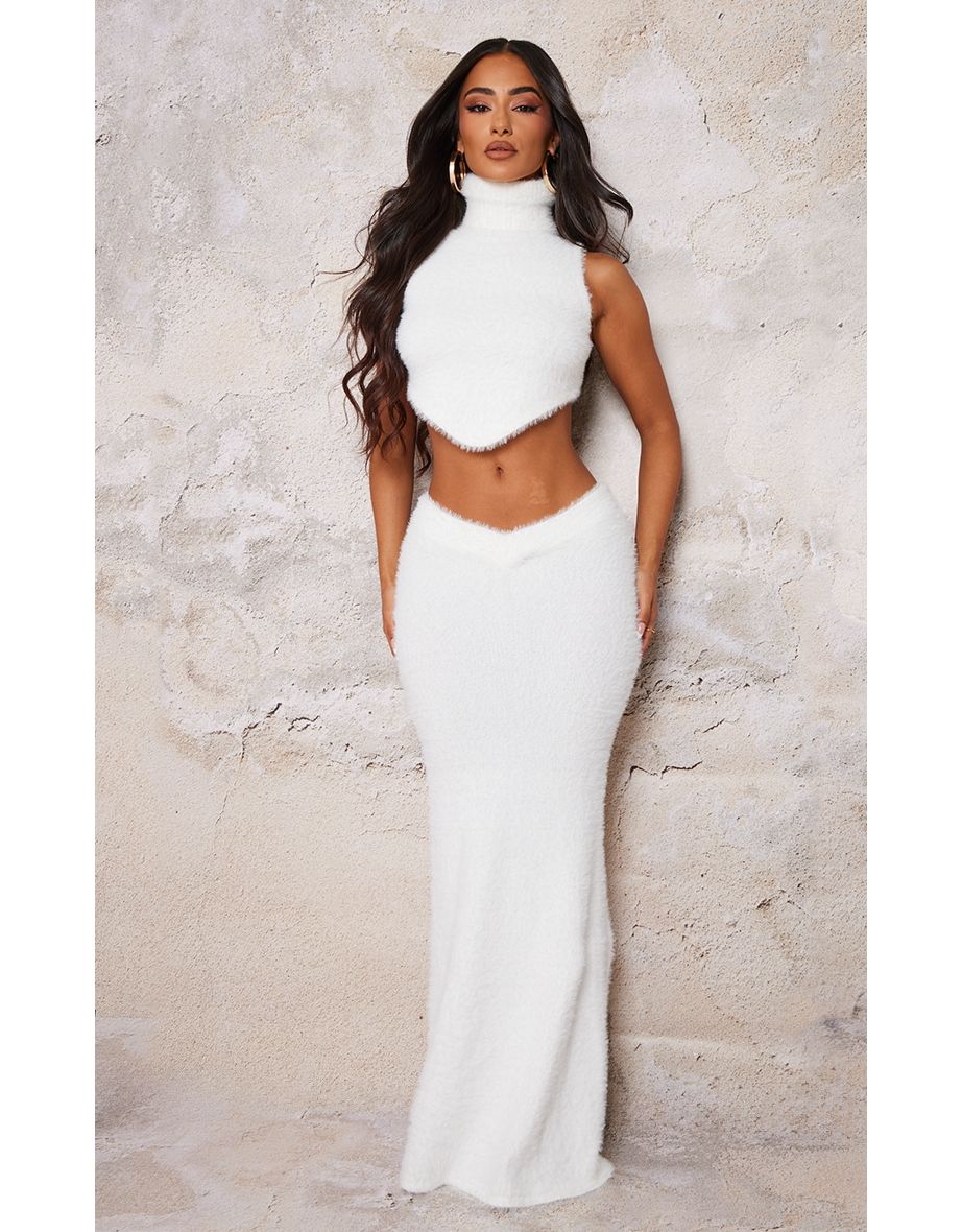 Petite White Fluffy Knit High Neck Curved Hem Crop Top