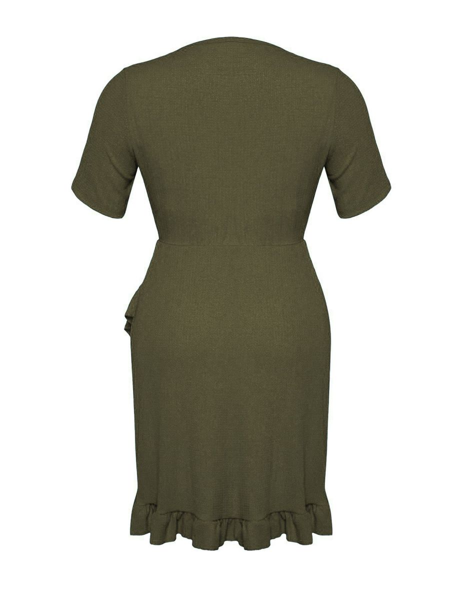 Khaki Crepe Knitting Plus Size Dress - 5