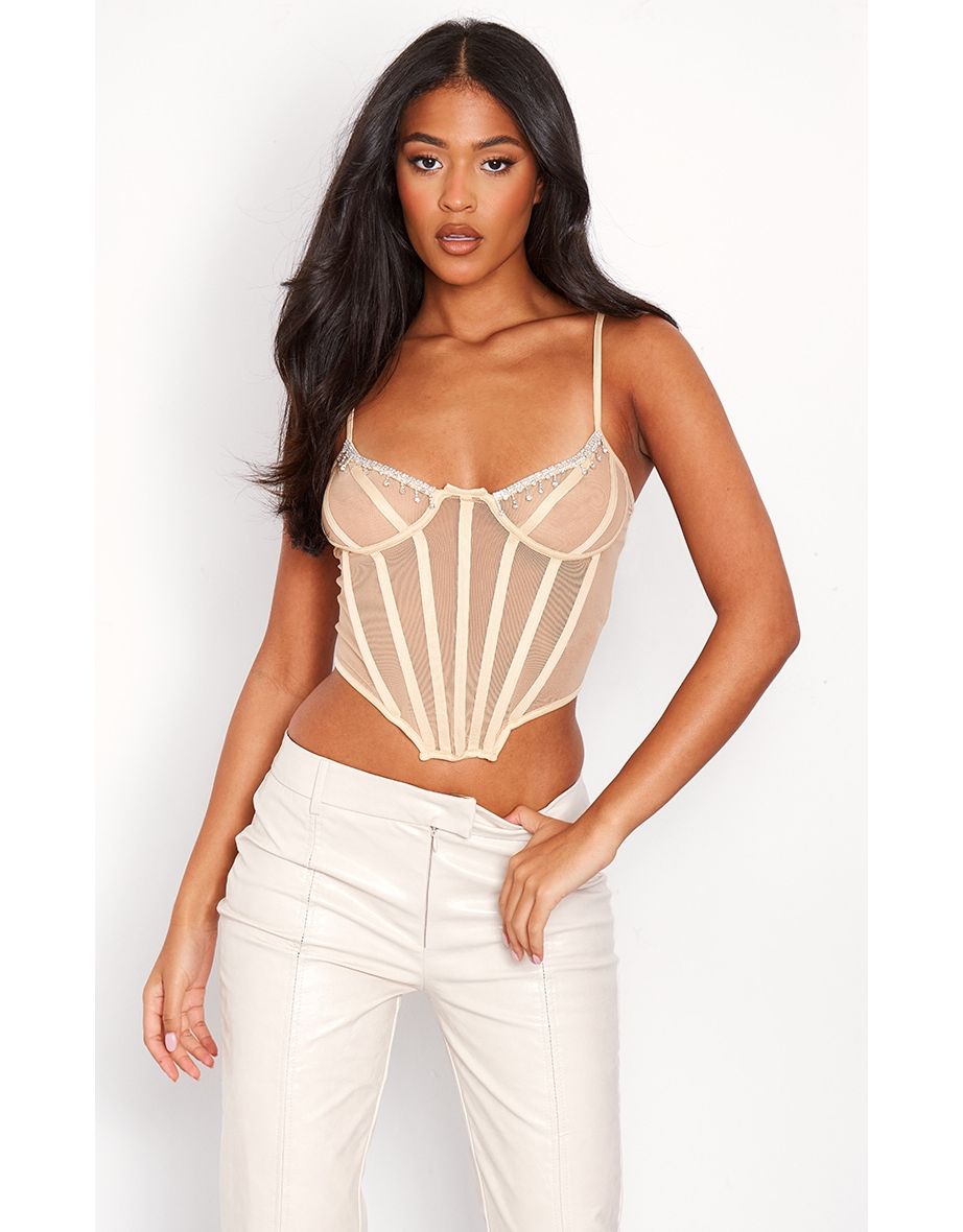 Tall Nude Mesh Diamante Detail Corset Top