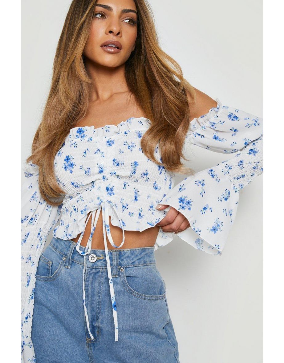 Floral Sheered Detail Volume Sleeve Crop Top - white - 3