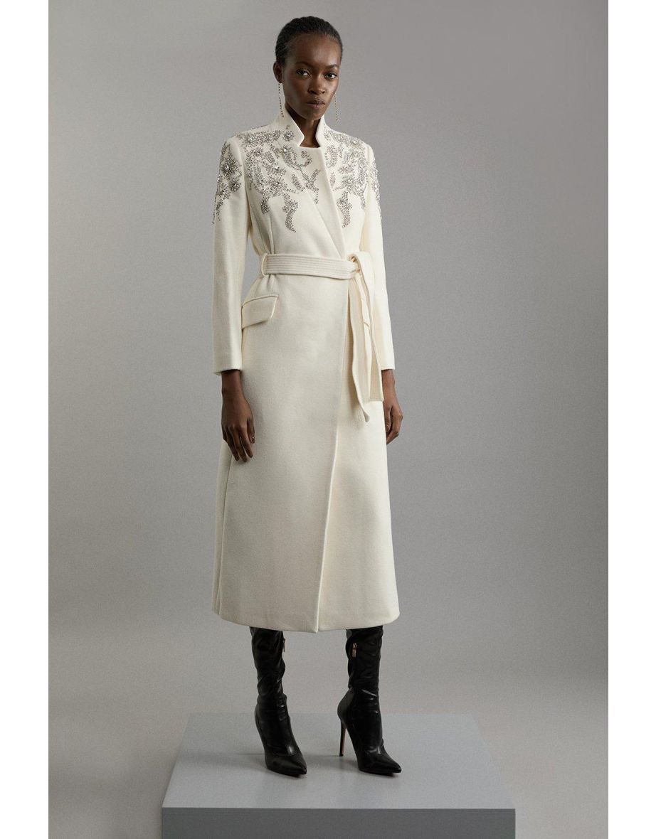 Wool Blend Crystal Embellished Notch Neck Belted Coat