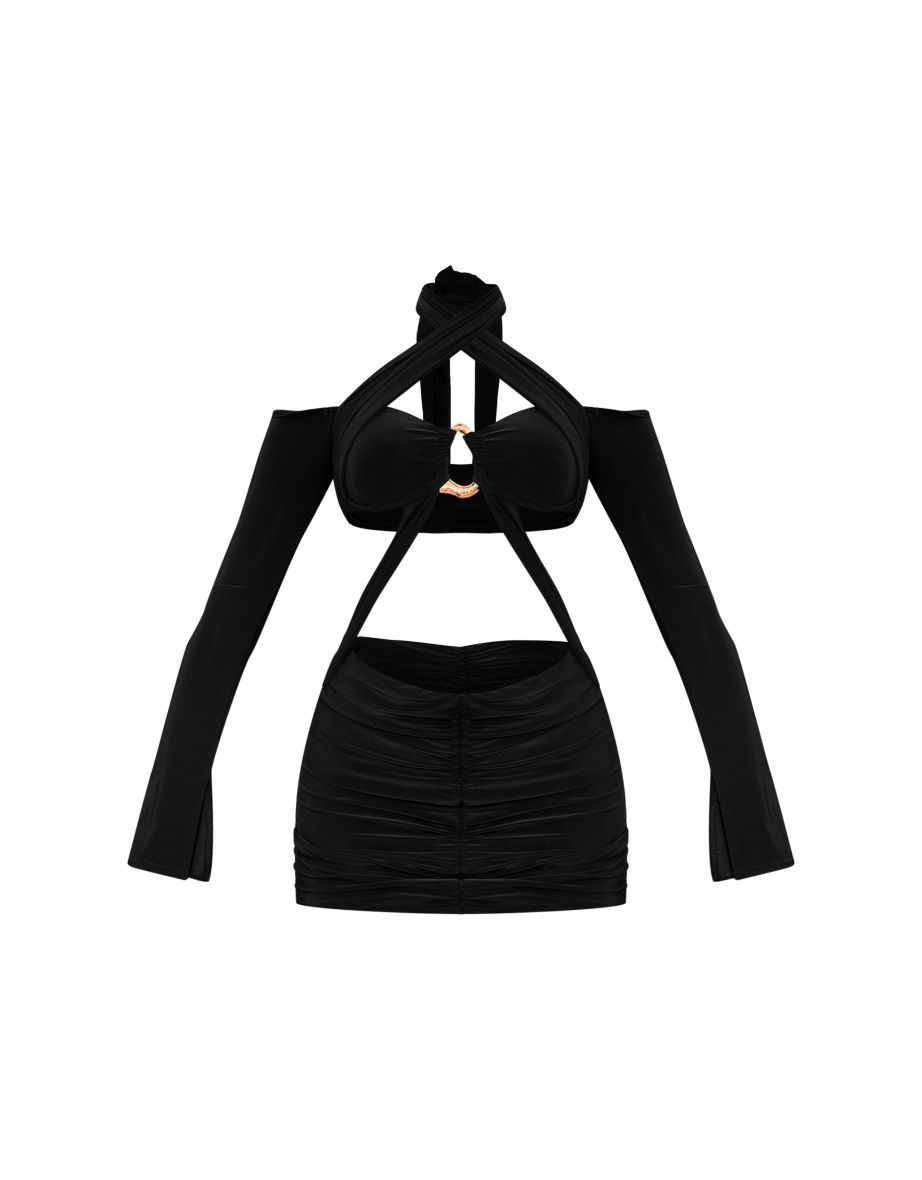 Black Slinky Long Sleeve Trim Detail Cut Out Mini Dress - 4