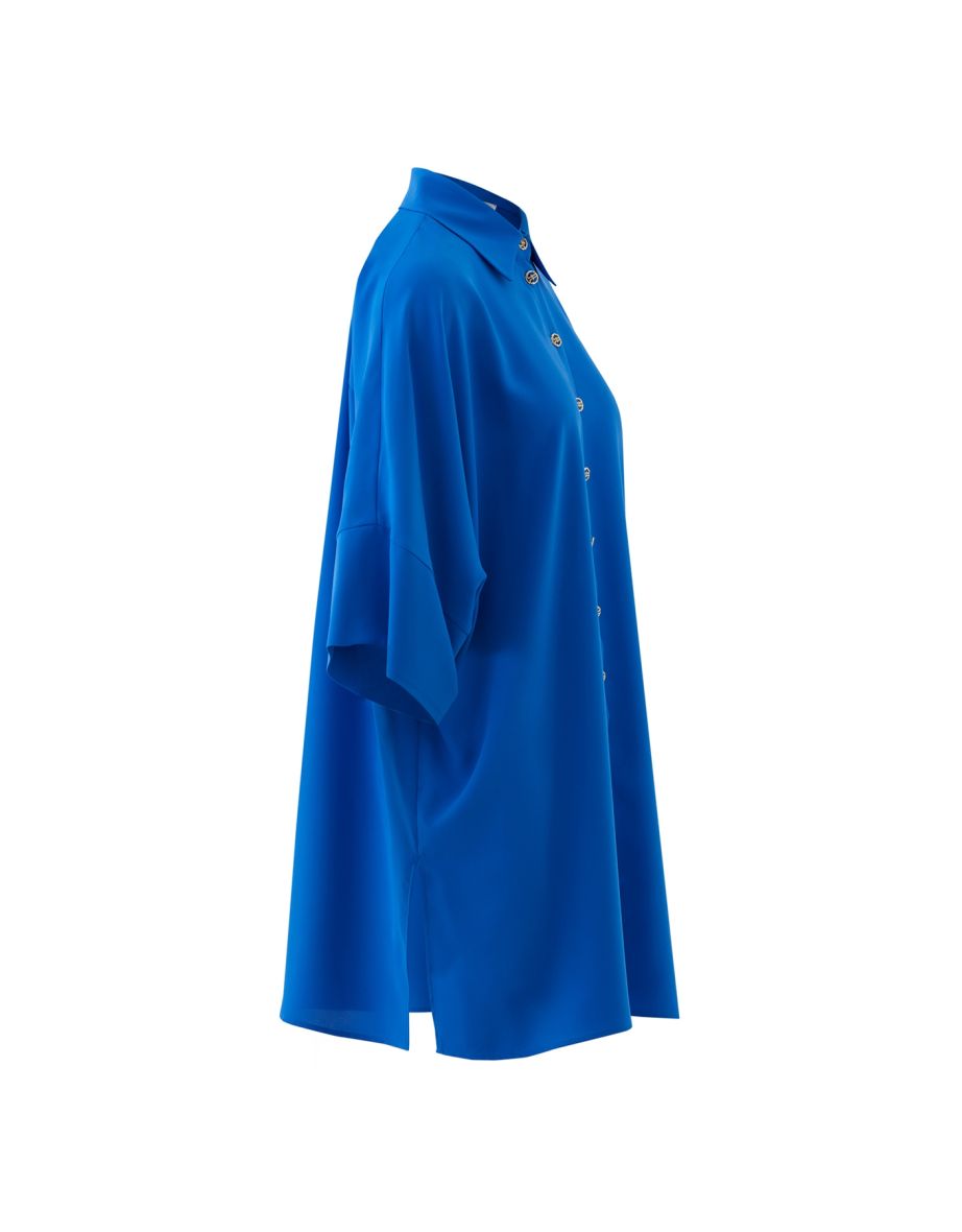 Dark Blue Dress with Double Collar and Metal Buttons with Side Slits