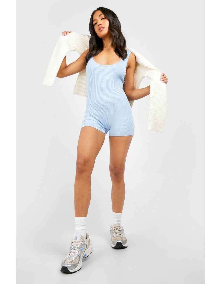 Petite Scoop Neck Rib Knit Unitard - sky blue