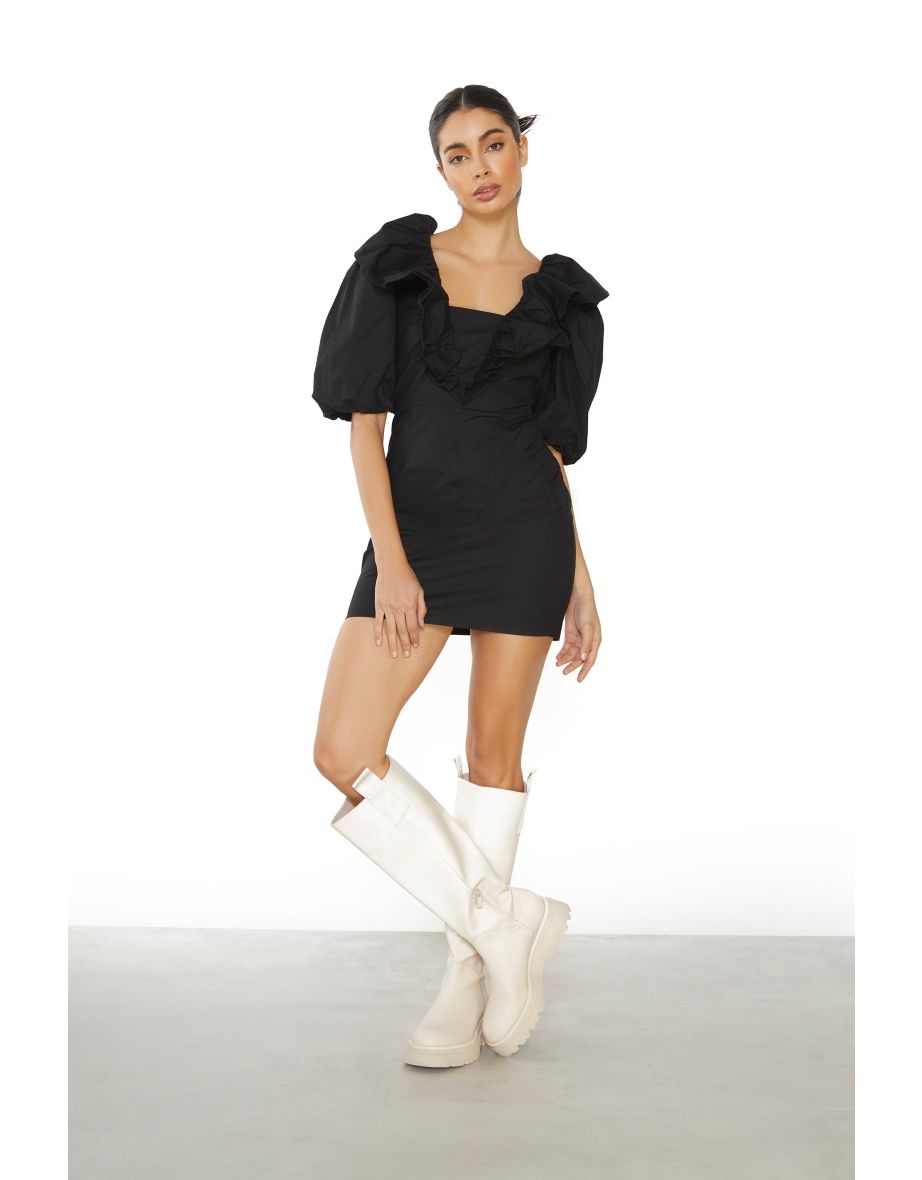 Glamorous Black Ruffle Puff Shoulder Mini Dress