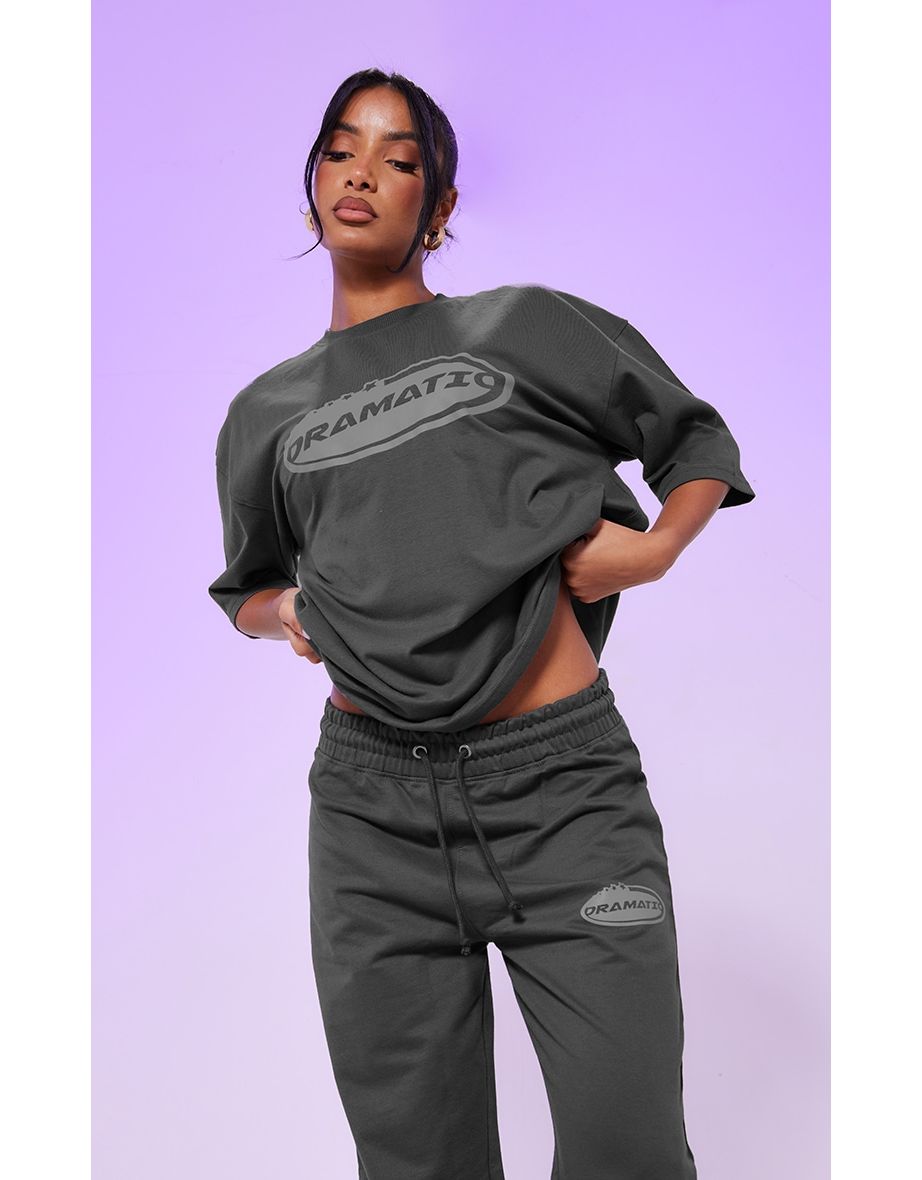 Charcoal Slogan Printed Oversized Longline T-shirt