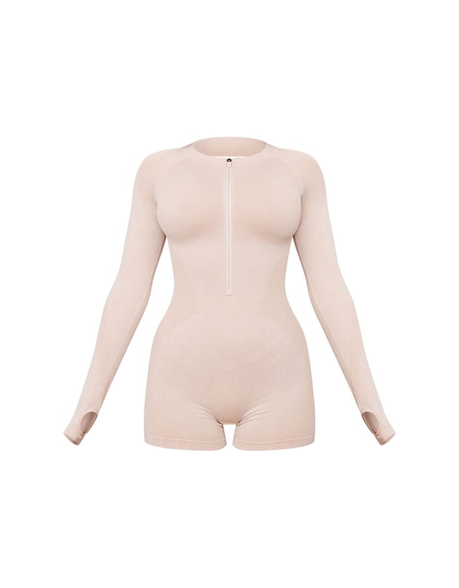 Oatmeal Acid Wash Seamless Rib Cut Out Back Short Gym Unitard - 4