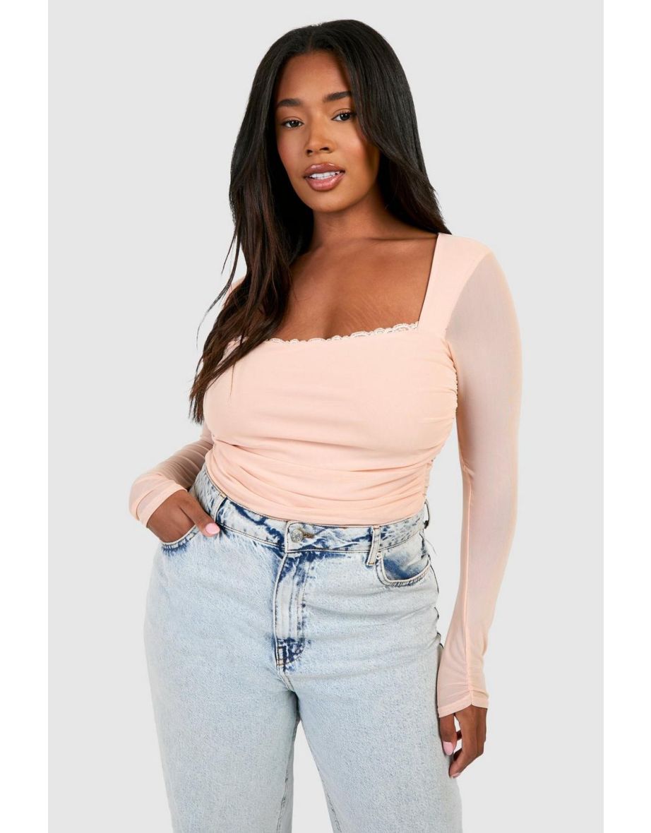 Plus Mesh Long Sleeve Lace Detail Bodysuit - blush