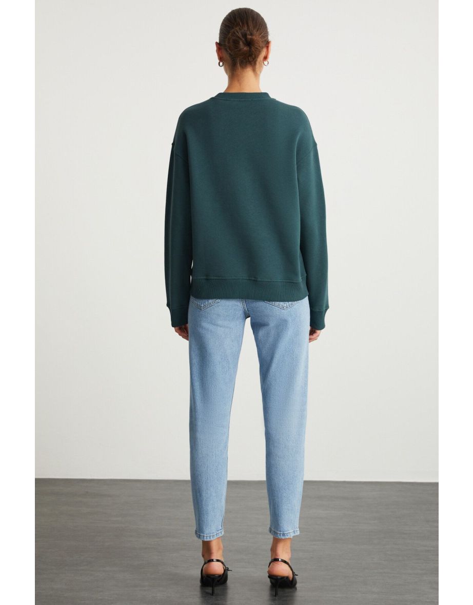 ANNY Women's Printed Detailed 100% Organic Cotton Round Neck Long Sleeve Dark Green Sweatshirt - 4