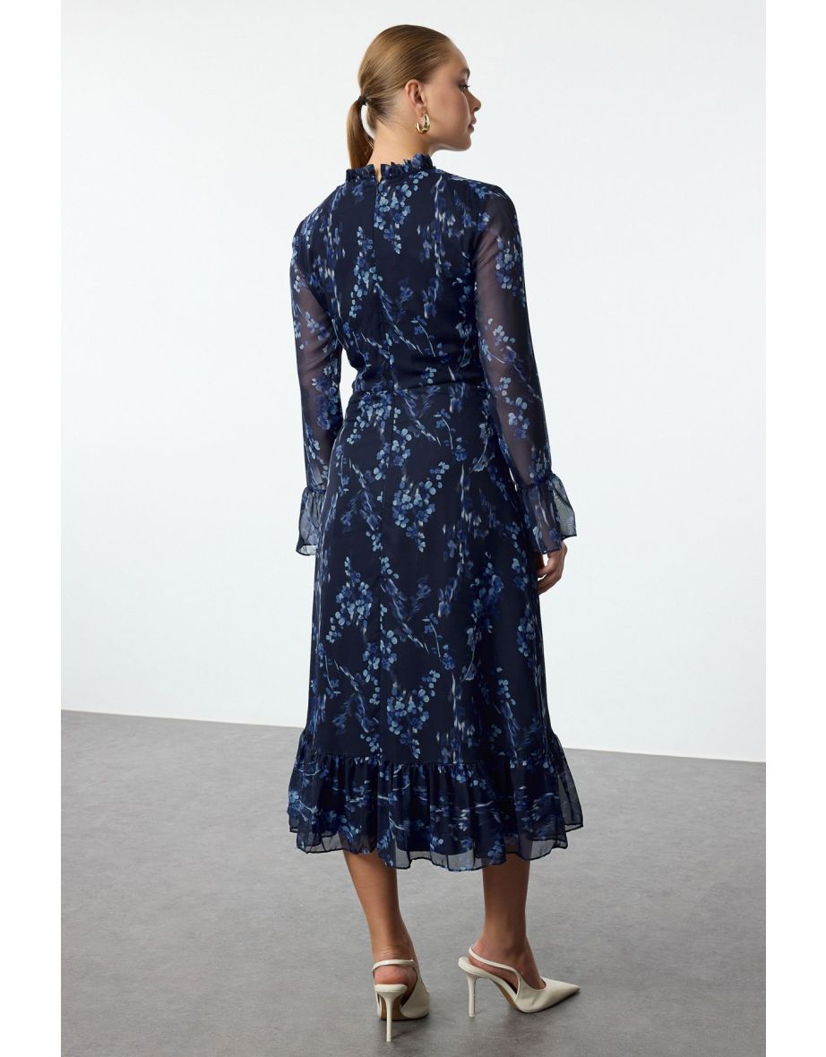 Blue Floral Patterned A-Line Stand Collar Midi Lined Chiffon Woven Winter Dress - 4