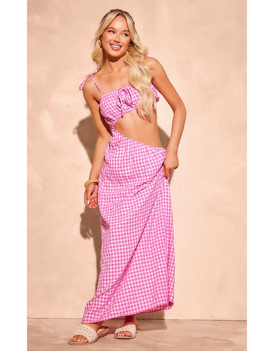 Pink Gingham Cut Out Maxi Dress