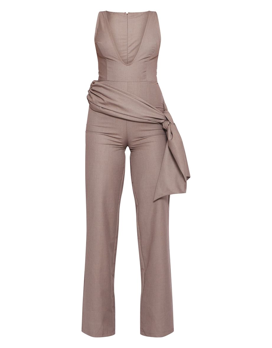 Taupe Tailored Woven Plunge Wrap Belt Jumpsuit - 4