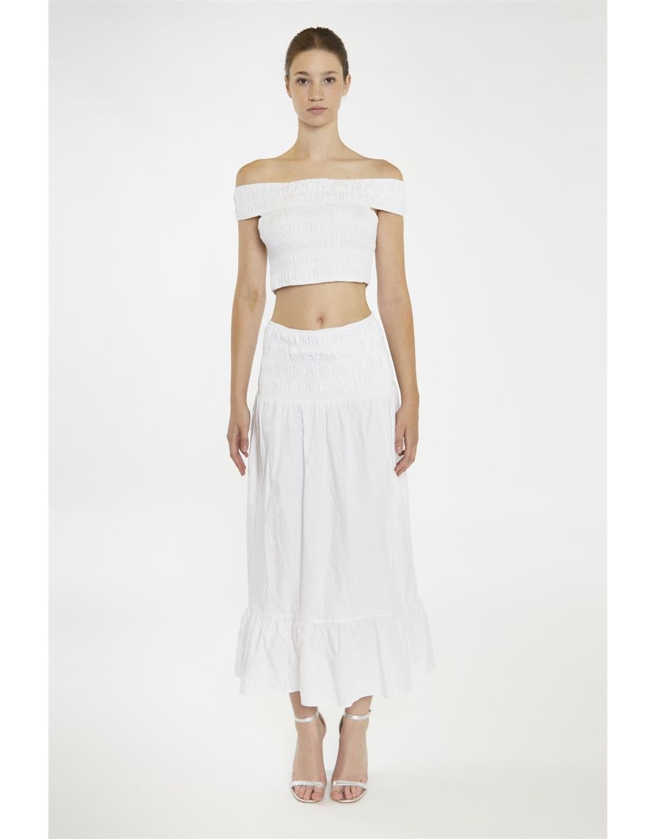 White Shirred-Waist Maxi-Skirt