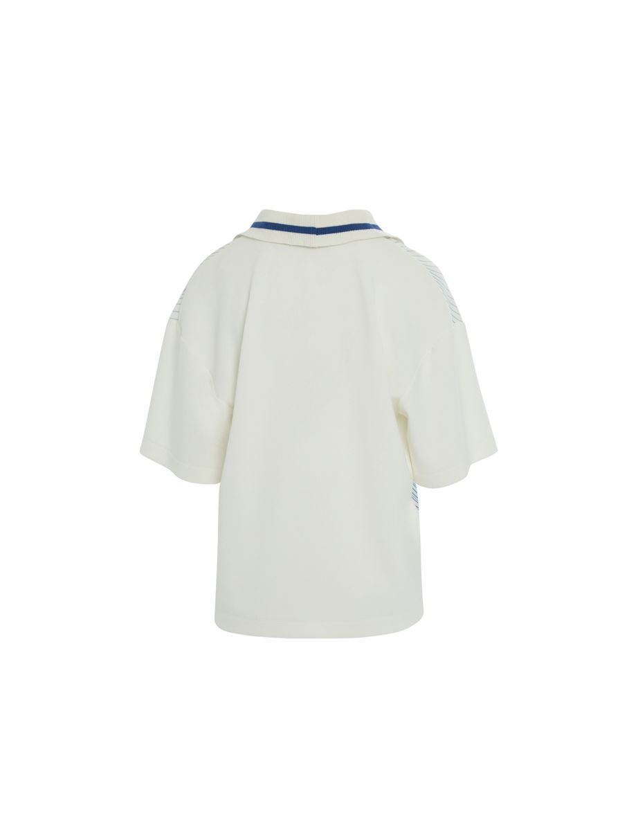 Blue Stripe Pattern Short-Sleeve V-Neck Off-White T-Shirt - 6