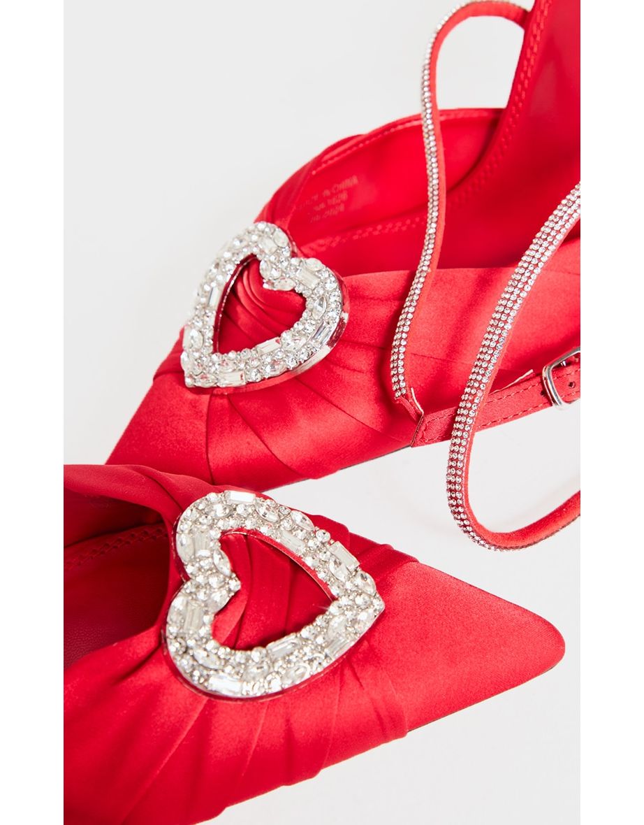 Red Satin Point Toe Diamante Heart Court Heels - 3
