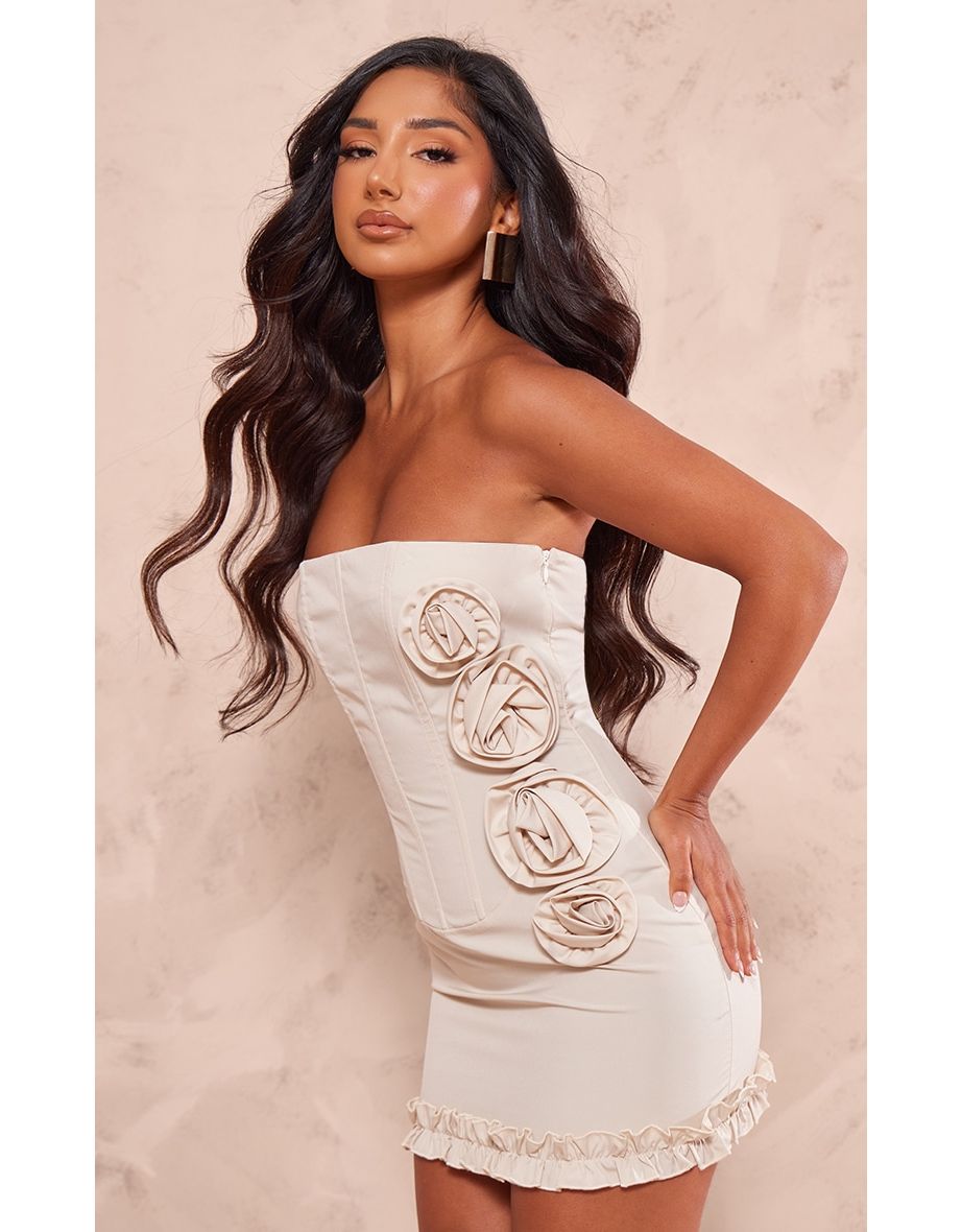 Petite Ecru Corset Mini Dress With Rose Details