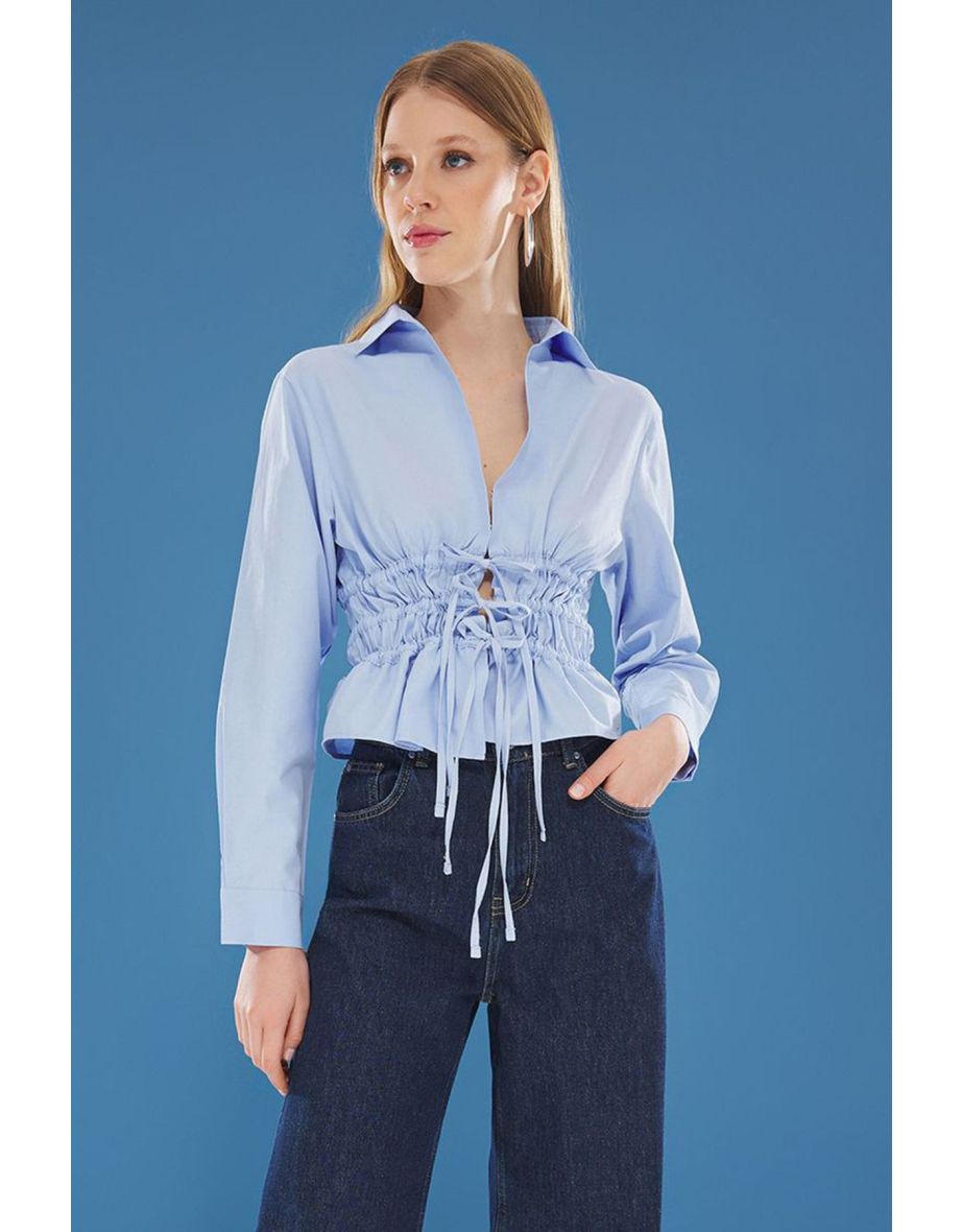 Light Blue Chest and Waist Tight Tie Detail Fitted Woven Shirt - 5