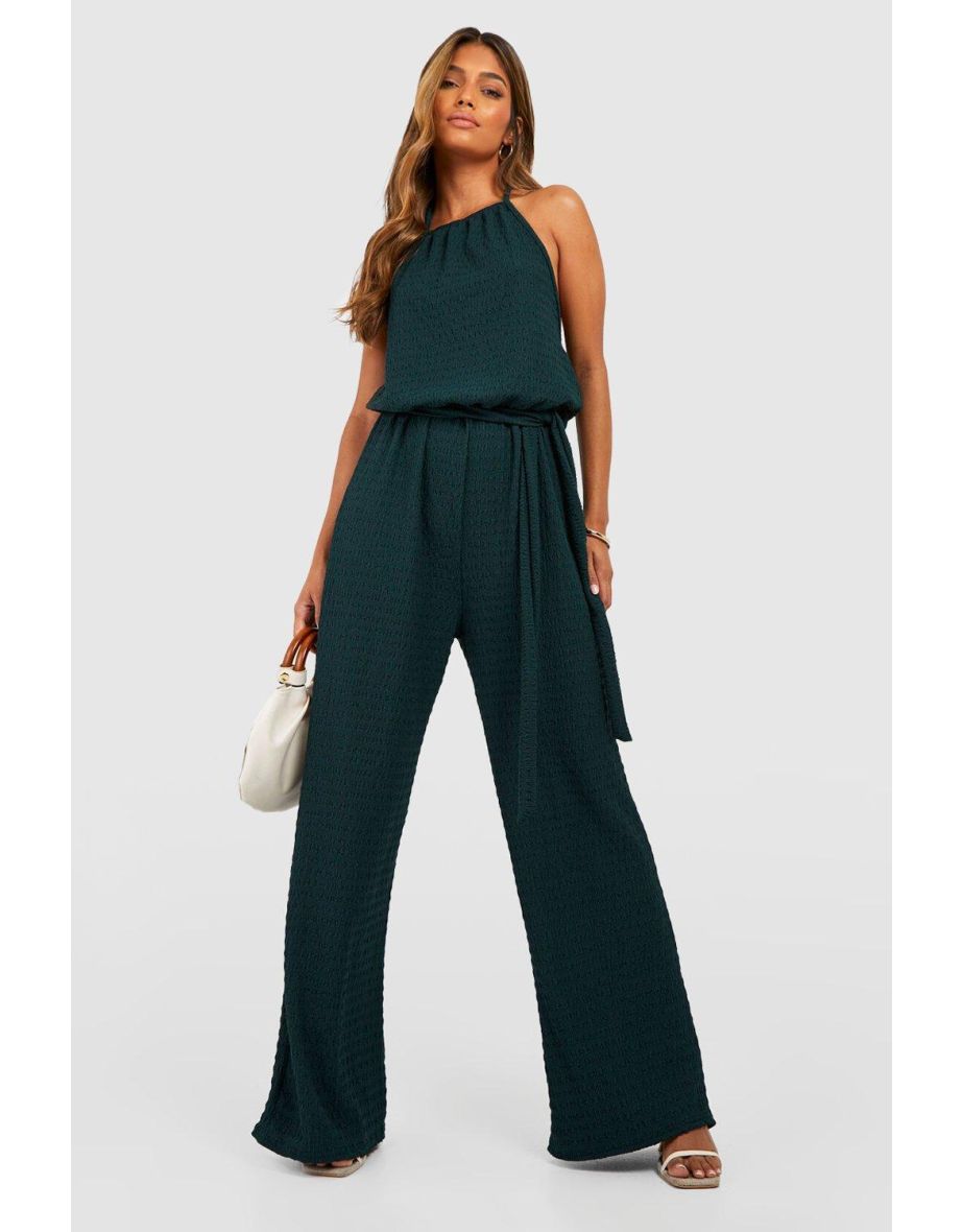 Textured Halterneck Belted Wide Leg Jumpsuit - khaki