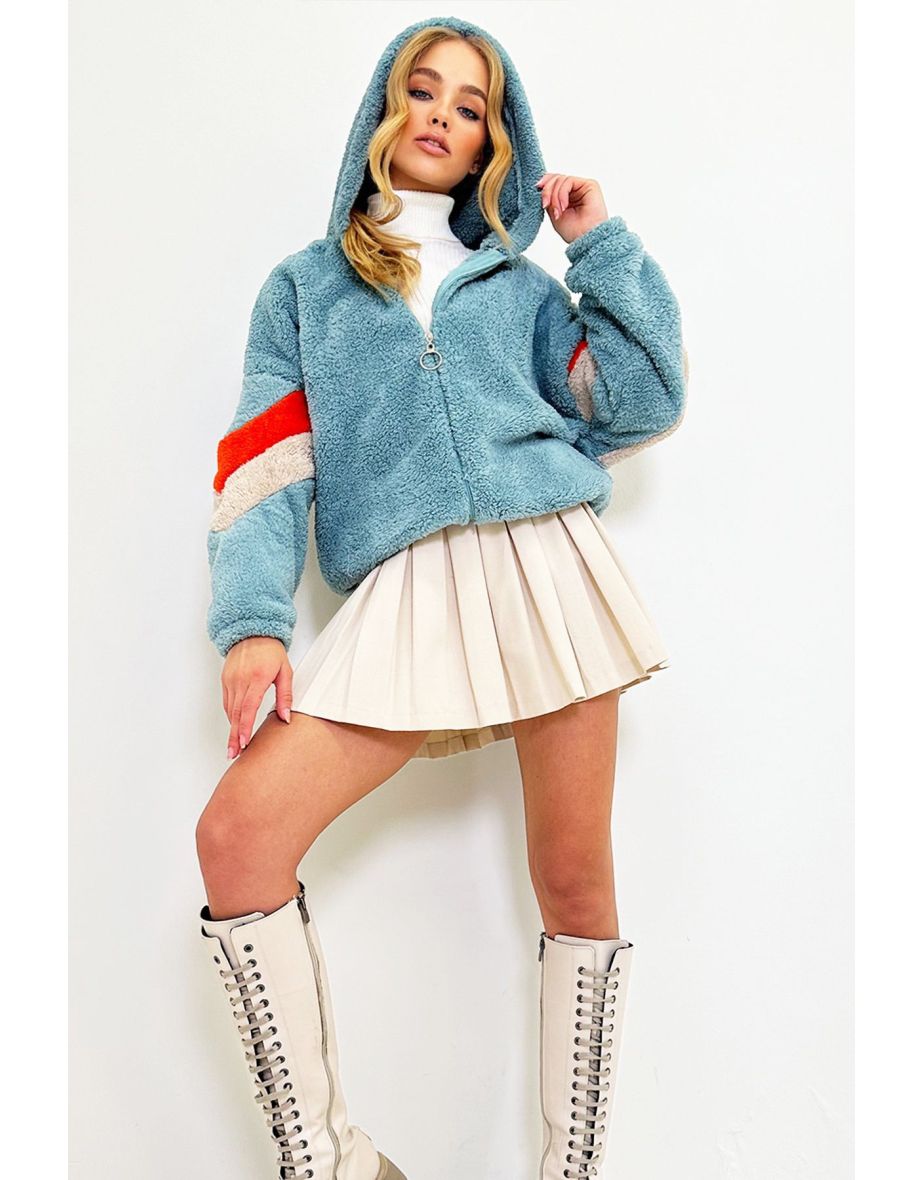 Women's Mint Hoodie with Zippered Sleeves Color Block Oversized Plush Sweatshirt