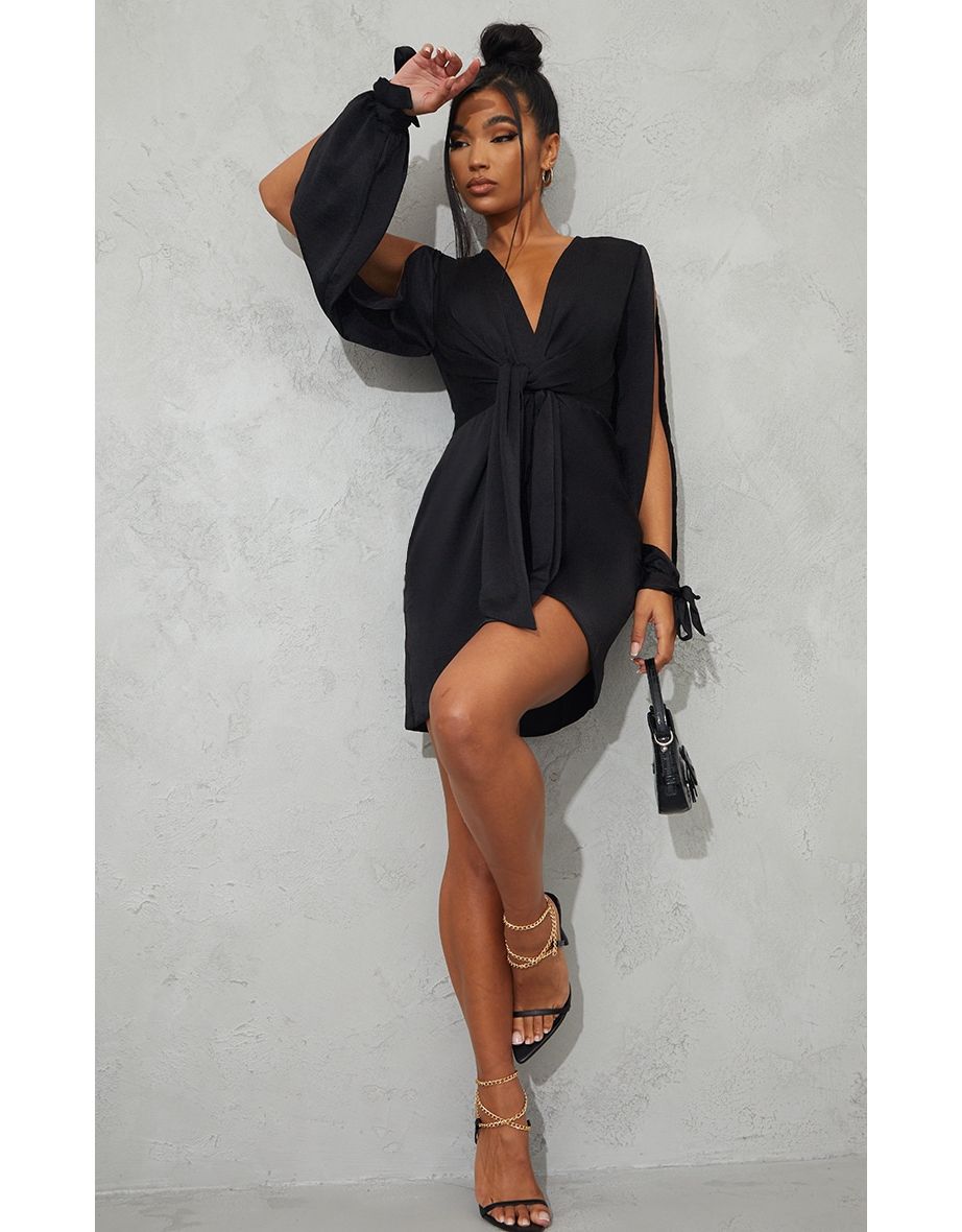 Shop Black Satin Twist Front Open Sleeve Wrap Dress Online in Bahrain VogaCloset