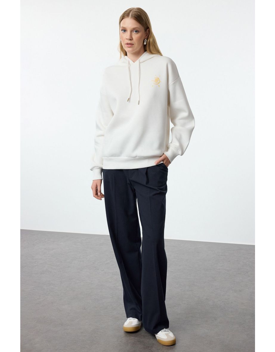 Ecru Thick Inside Fleece Hooded Printed Oversize/Wide Fit Knitted Sweatshirt