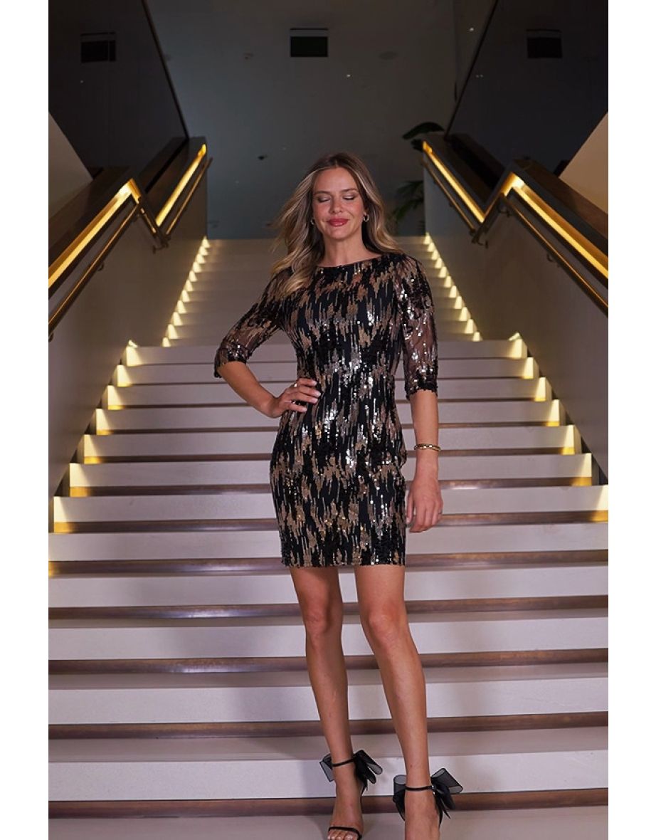 Black & Gold Scatter Sequin Shift Dress - 4