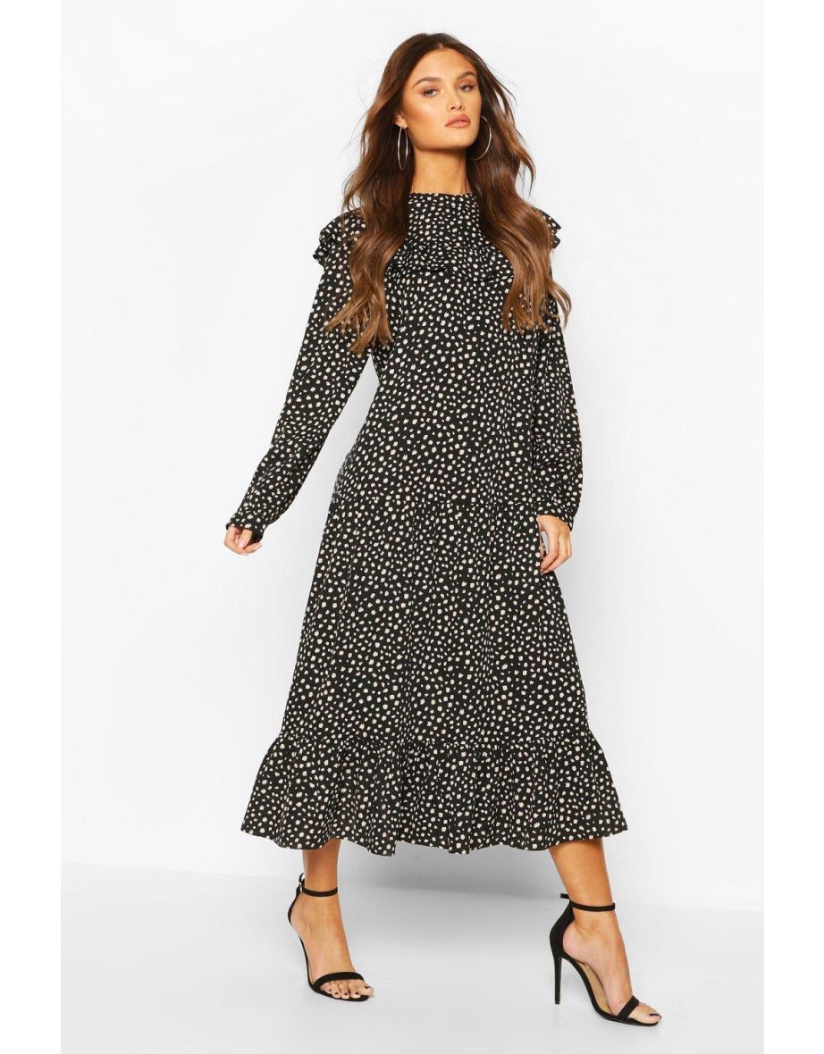 Smudge Polka Dot Ruffle Drop Hem Midaxi Dress - black